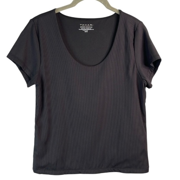 Tahari Modern Essentials Ribbed Dressy Tee Black Scoop Neck Double Layer Size M - Picture 2 of 12